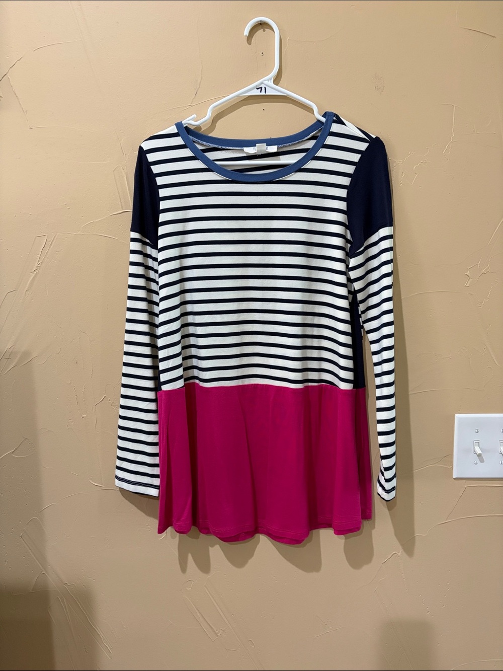 Peach Love California Navy & White Striped Long Sleeve Top with Magenta Hem